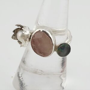 ROSE QUARTZ, LABRADORITE & FLOWER PEARL RUNG HANDMADE IN STERLING SILVER SZ 5